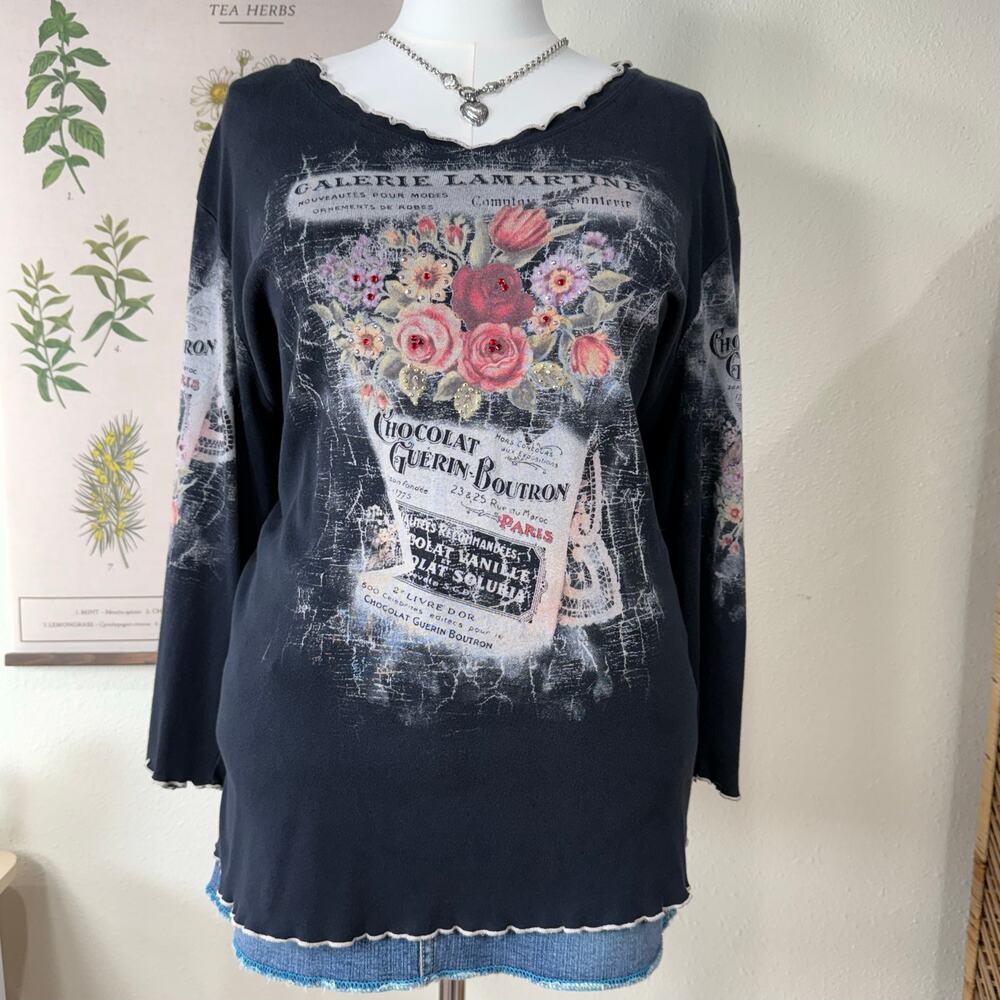 90s Y2k Rhinestone Floral Graphic 3/4 Sleeve Top Dark Fairy Grunge Whimsigoth 1X